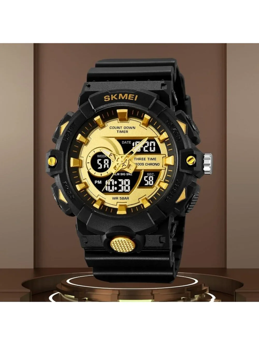 Men's Black Gold Analog Quartz Electronic Military Multifunction Digital Watch